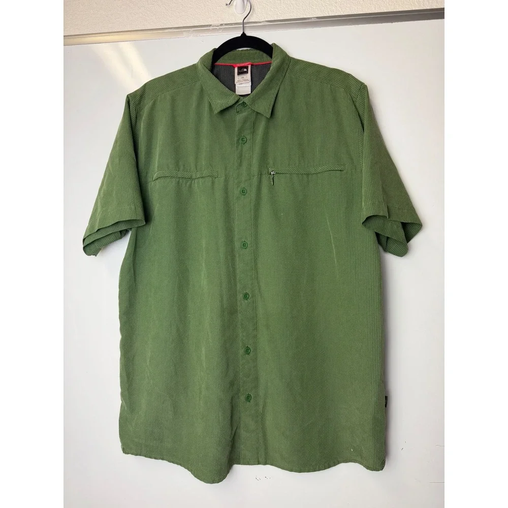 The North Face Mens Large Green Grid Short Sleeve Hiking Button Down Shirt